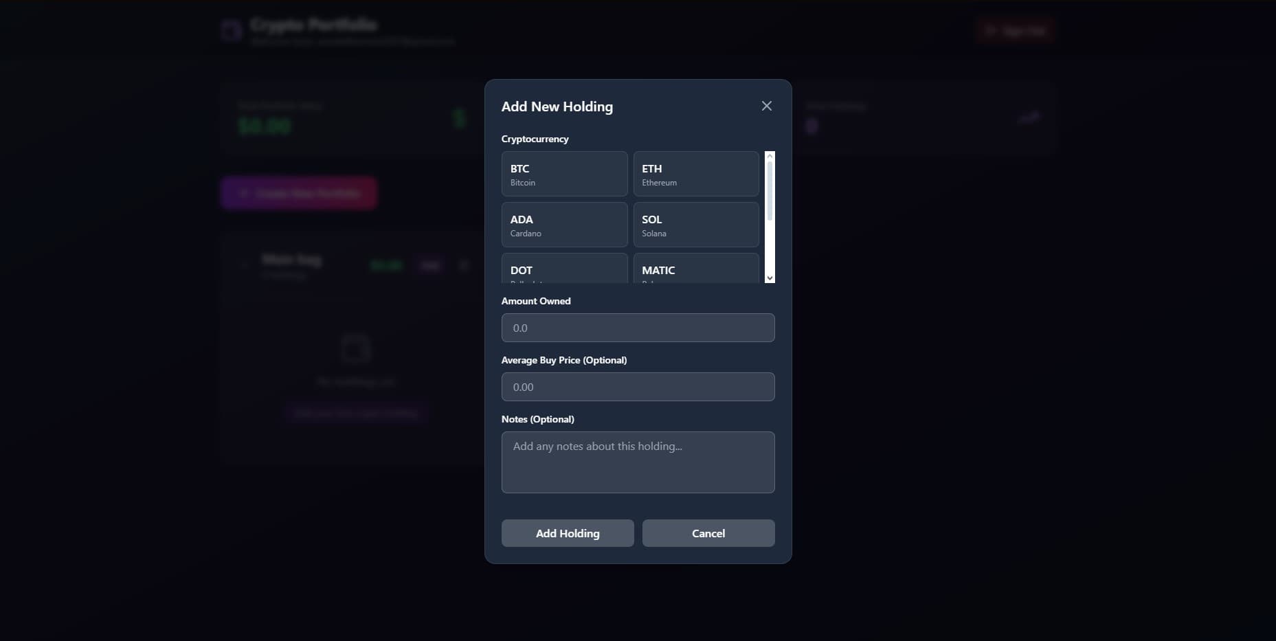 Page on adding holdings